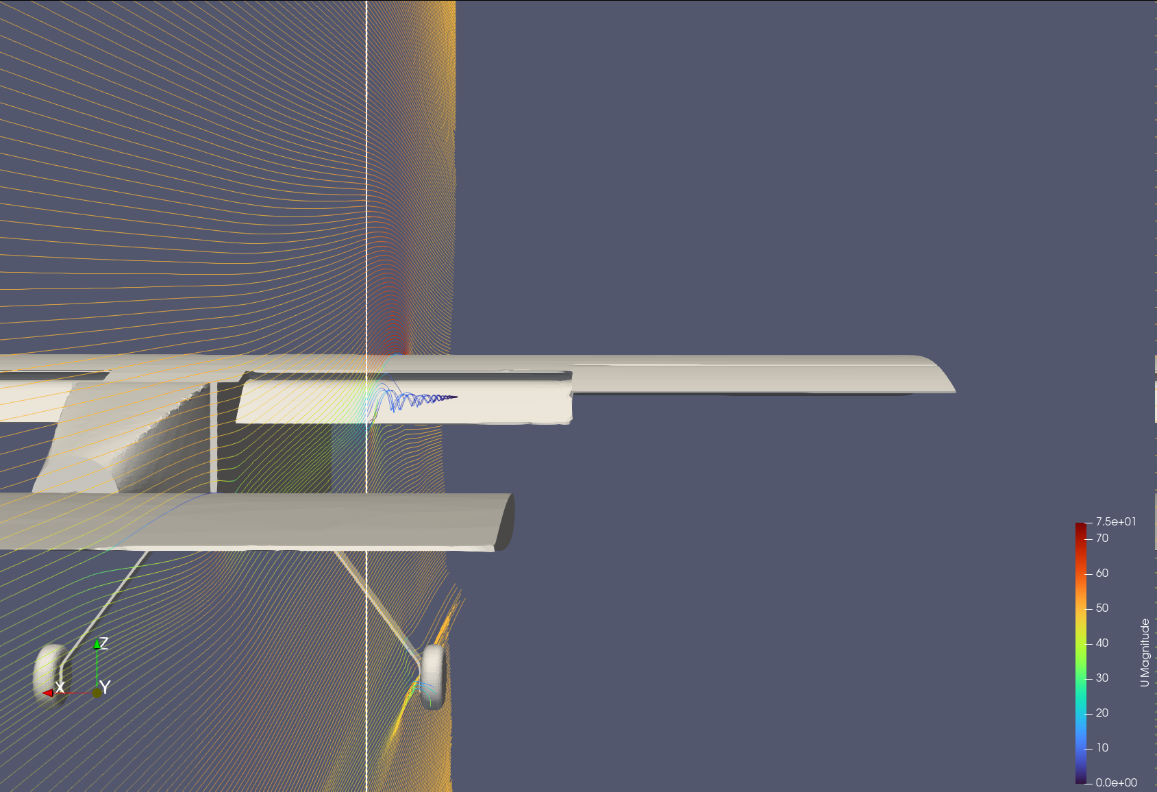 Cross-sectional line tracing diagram of DBF aircraft, viewed from back